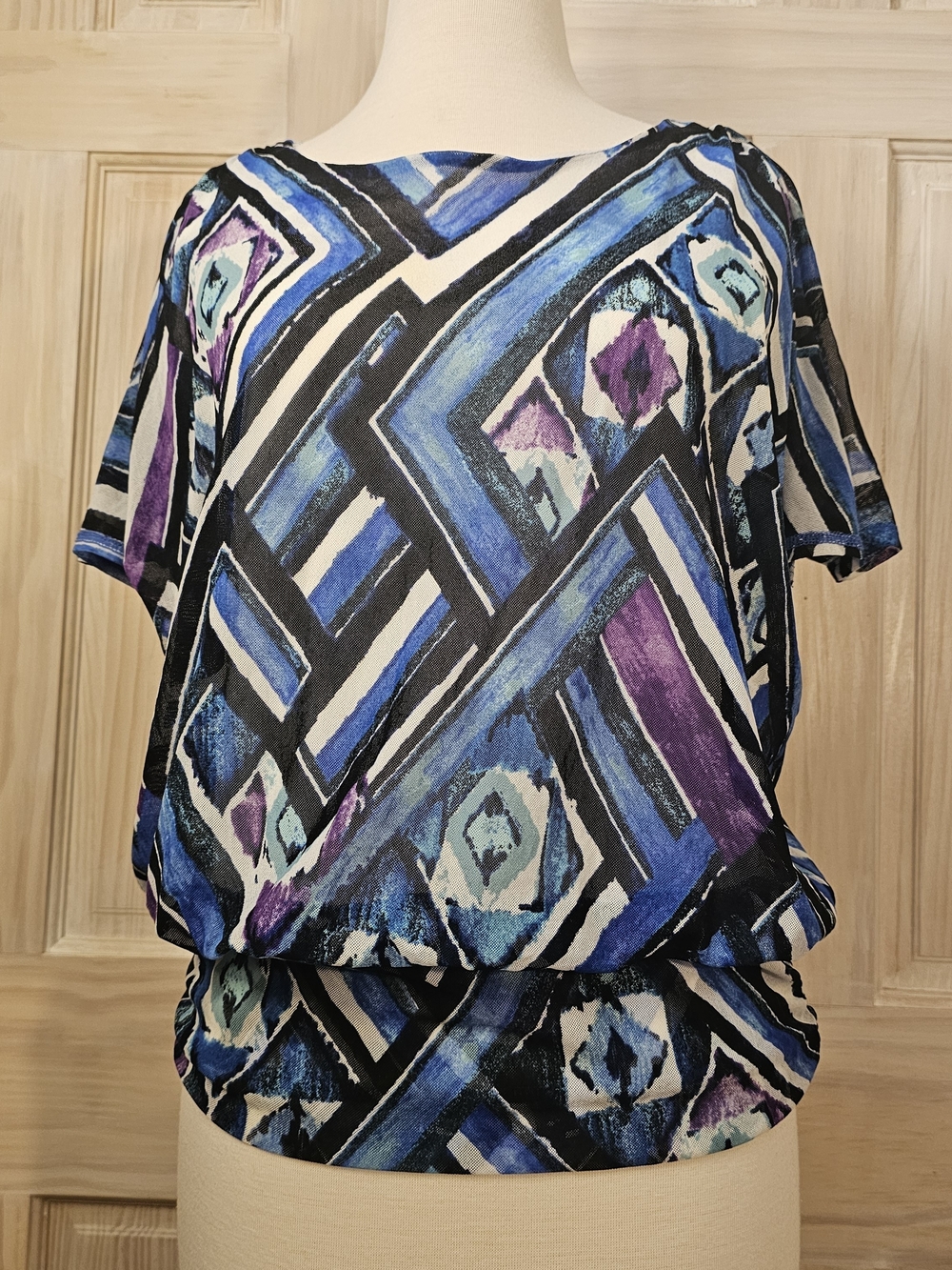 Chico's Blue, Purple, Green And White Geometric Dolman Top Size 1